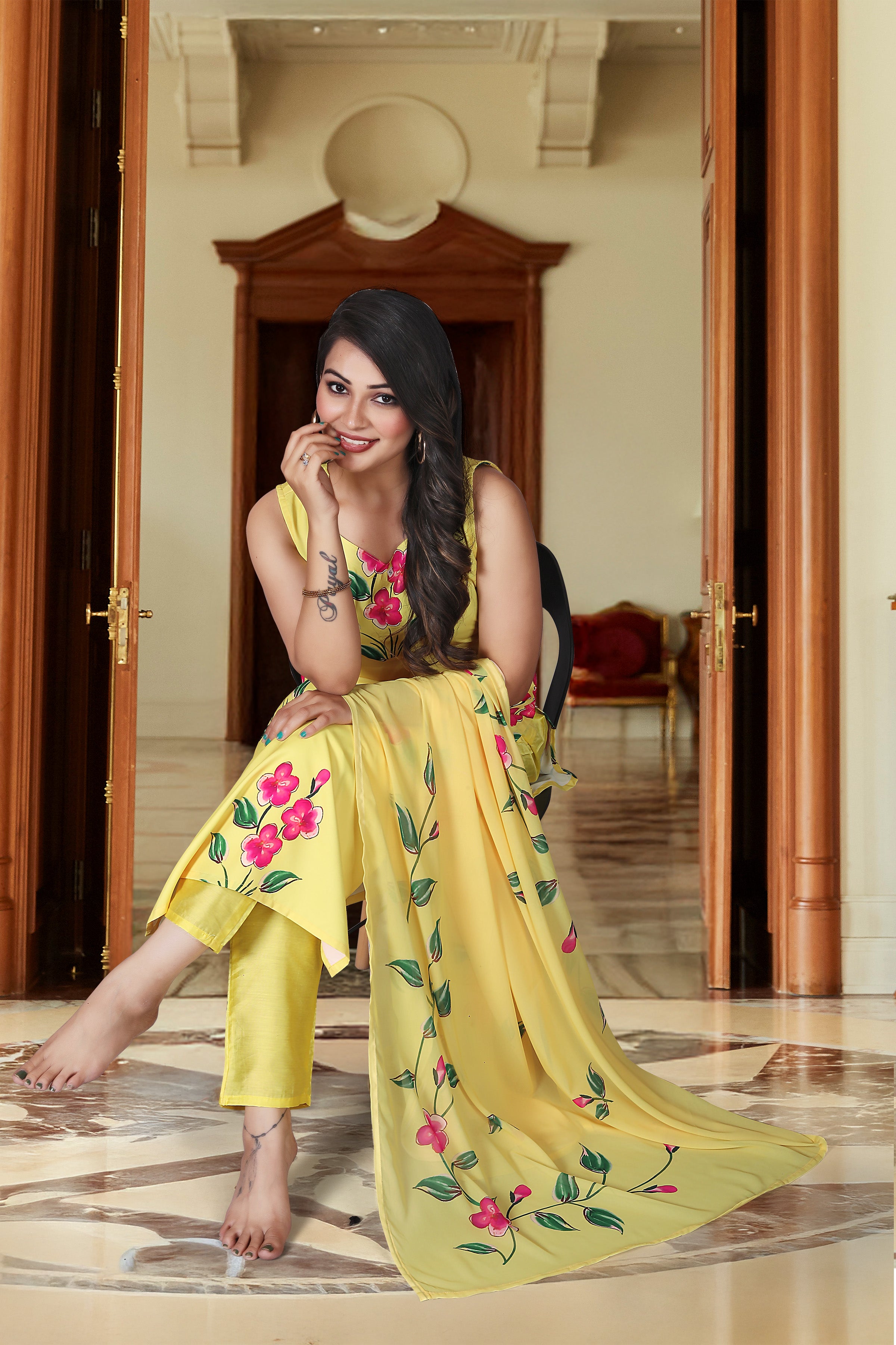 Floral Print Yellow Viscose French Crepe Kurta Set with Georgette Dupatta & Lace Border