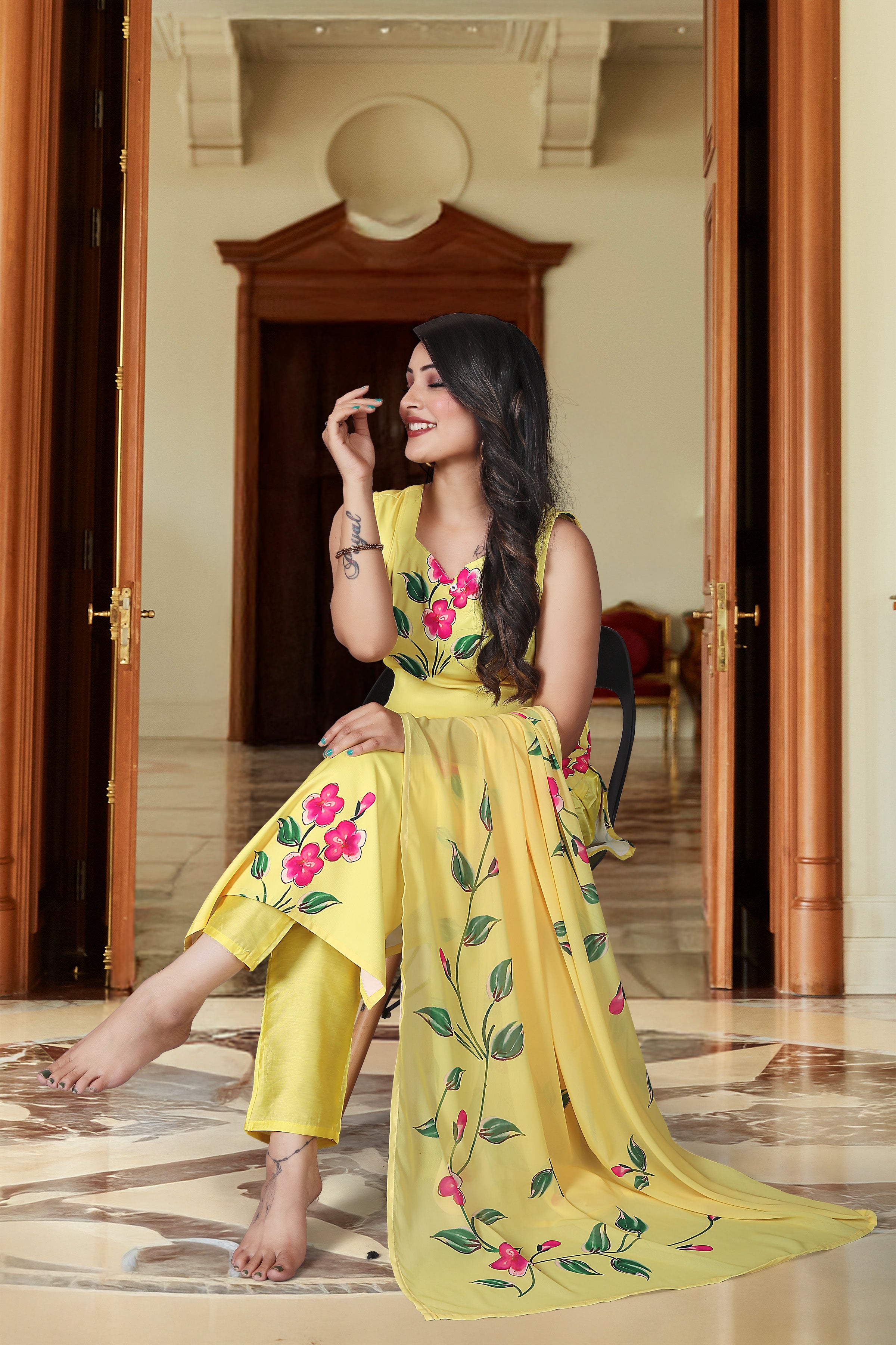 Floral Print Yellow Viscose French Crepe Kurta Set with Georgette Dupatta & Lace Border