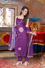 Floral Print Purple Viscose French Crepe Kurta Set with Georgette Dupatta & Lace Border