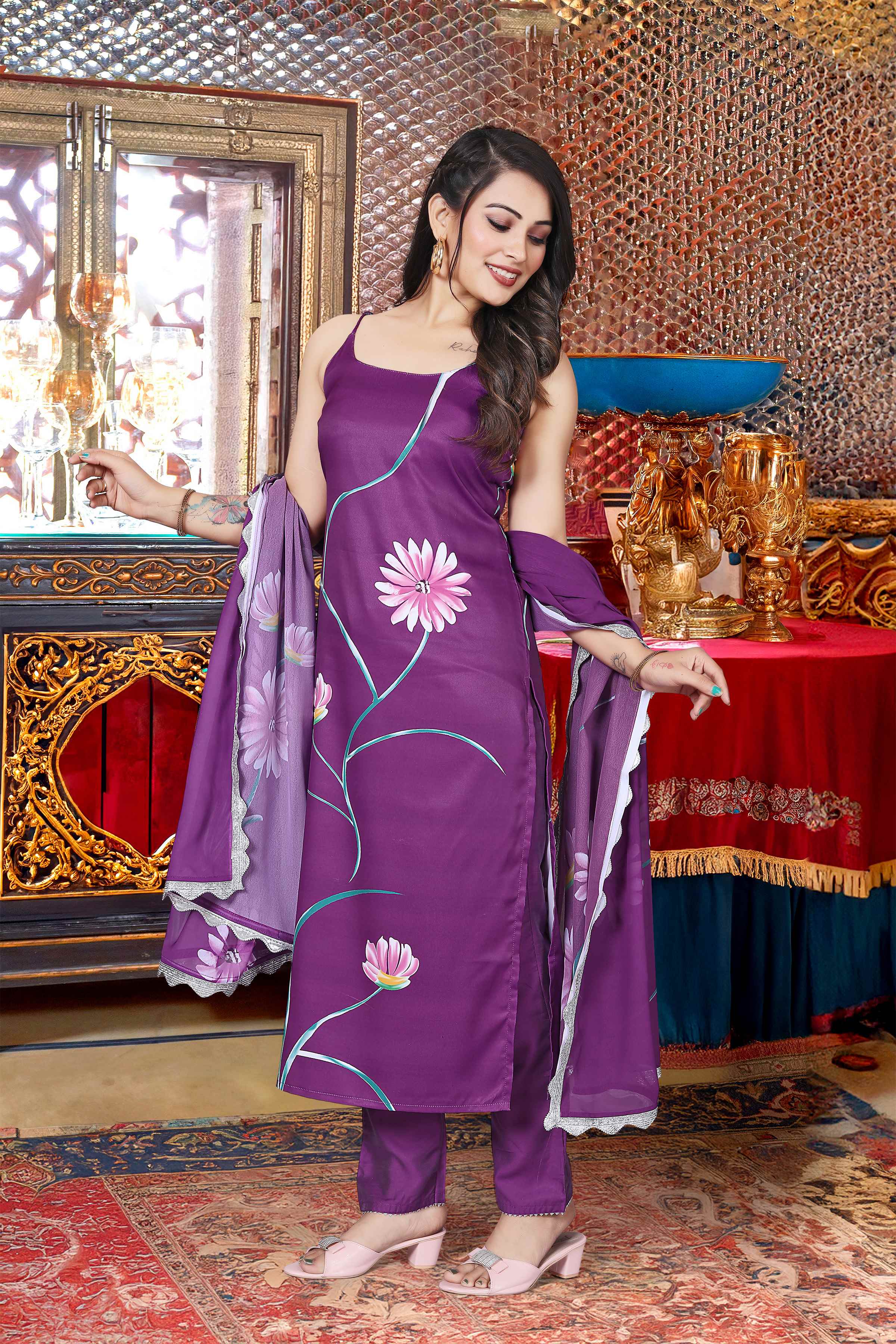 Floral Print Purple Viscose French Crepe Kurta Set with Georgette Dupatta & Lace Border