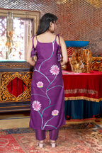 Floral Print Purple Viscose French Crepe Kurta Set with Georgette Dupatta & Lace Border