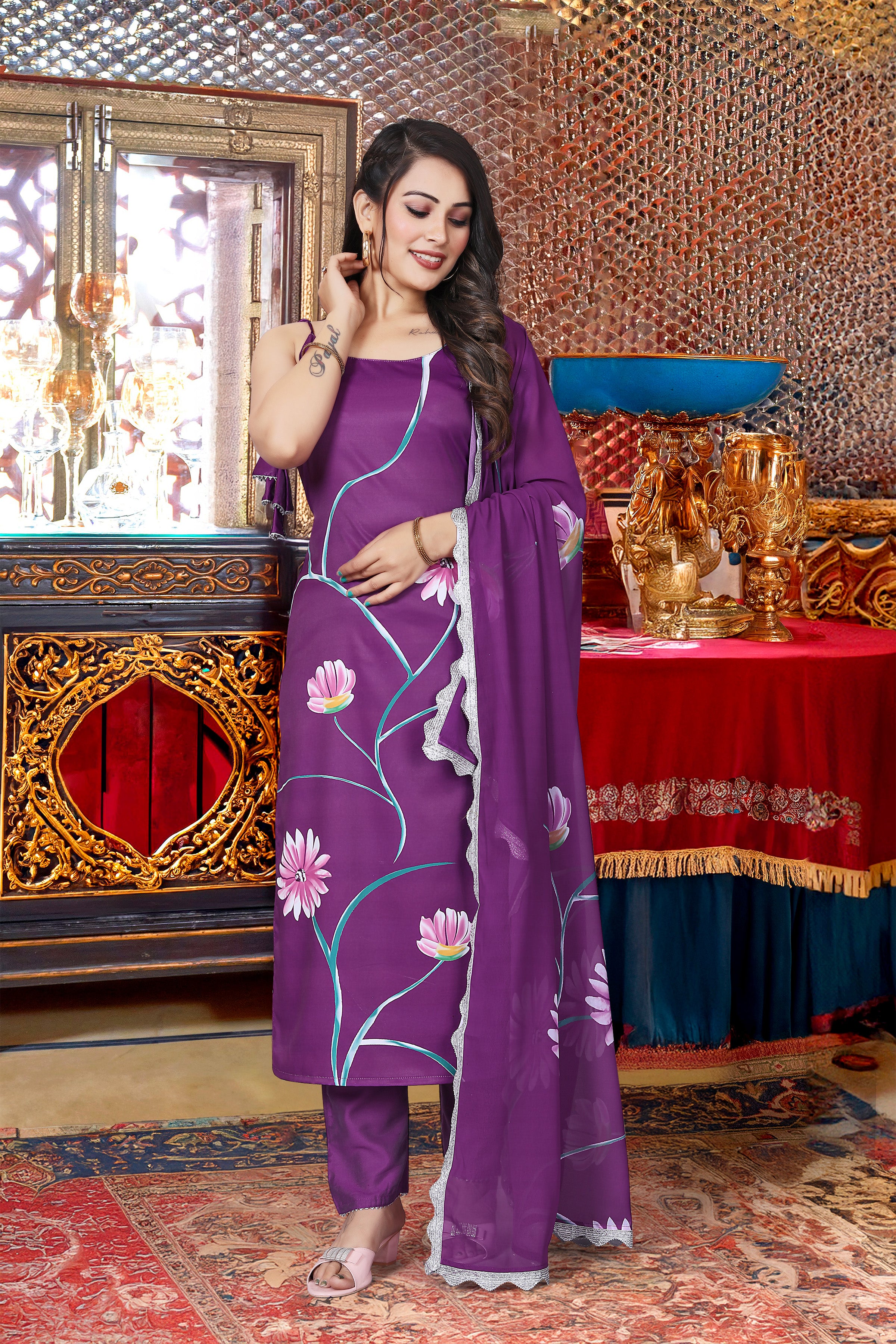 Floral Print Purple Viscose French Crepe Kurta Set with Georgette Dupatta & Lace Border