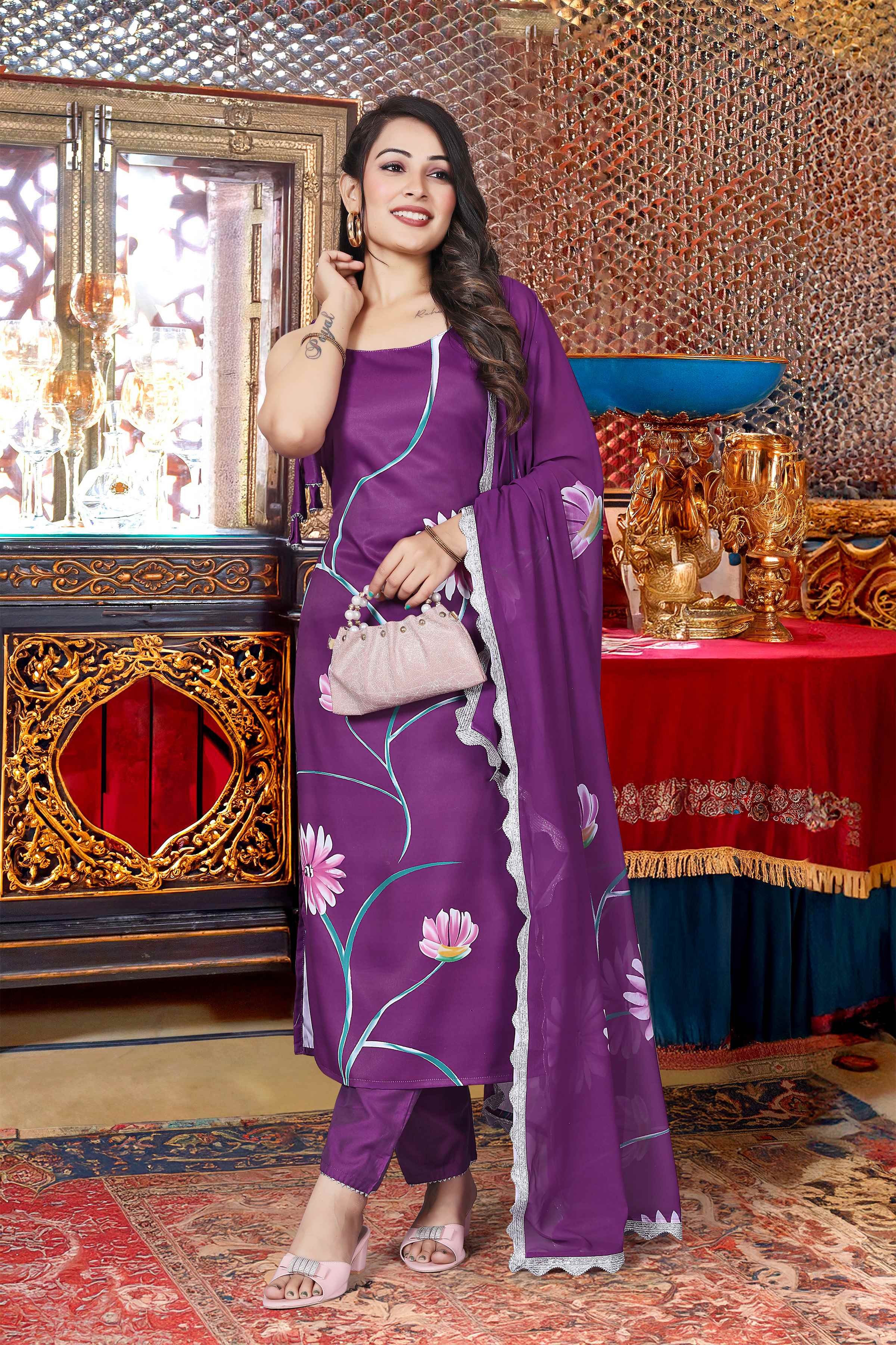 Floral Print Purple Viscose French Crepe Kurta Set with Georgette Dupatta & Lace Border