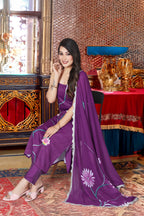 Floral Print Purple Viscose French Crepe Kurta Set with Georgette Dupatta & Lace Border