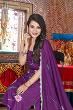 Floral Print Purple Viscose French Crepe Kurta Set with Georgette Dupatta & Lace Border