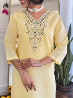 Women's Yellow Chanderi Viscose Embroidered Straight Kurta with Chanderi Viscose Pant And Jacquard
