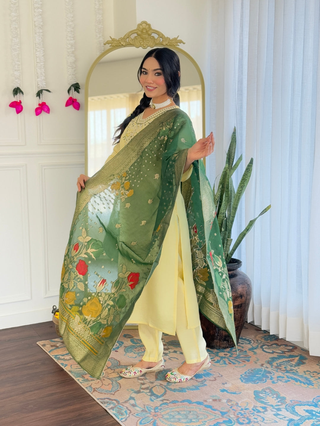 Women's Yellow Chanderi Viscose Embroidered Straight Kurta with Chanderi Viscose Pant And Jacquard