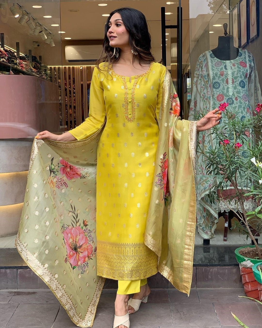 Women's Yellow Viscose Organza Jacquard Embroidered Kurta Set with Heavy Printed Jacquard Dupatta