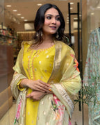 Women's Yellow Viscose Organza Jacquard Embroidered Kurta Set with Heavy Printed Jacquard Dupatta