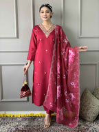 Women's Pink Viscose Chanderi Embroidered Kurta Set with Nylon Taby Embroidered Dupatta