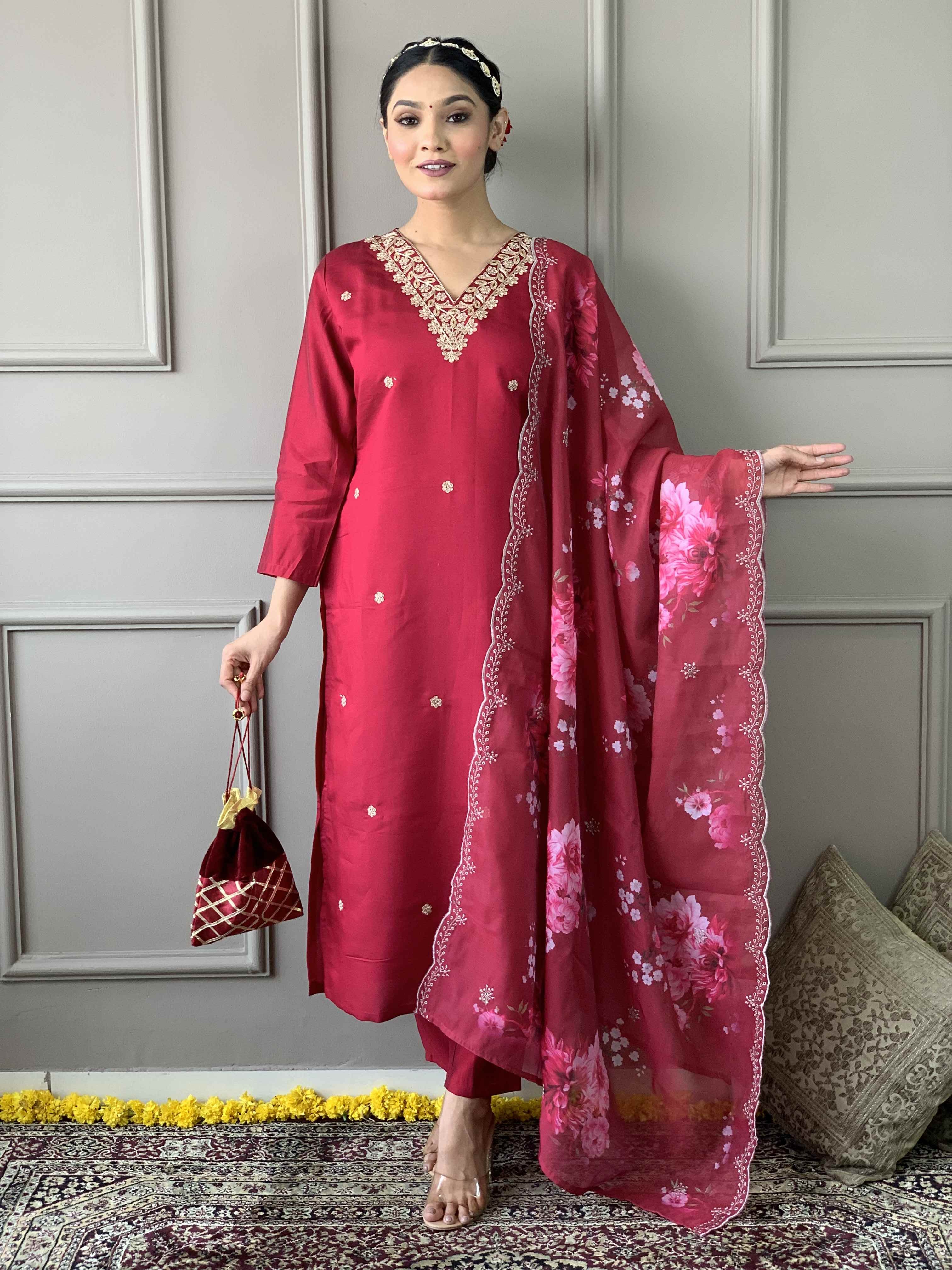 Women's Pink Viscose Chanderi Embroidered Kurta Set with Nylon Taby Embroidered Dupatta