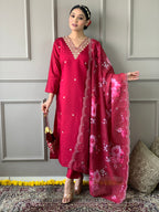 Women's Pink Viscose Chanderi Embroidered Kurta Set with Nylon Taby Embroidered Dupatta