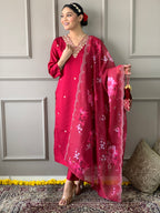 Women's Pink Viscose Chanderi Embroidered Kurta Set with Nylon Taby Embroidered Dupatta