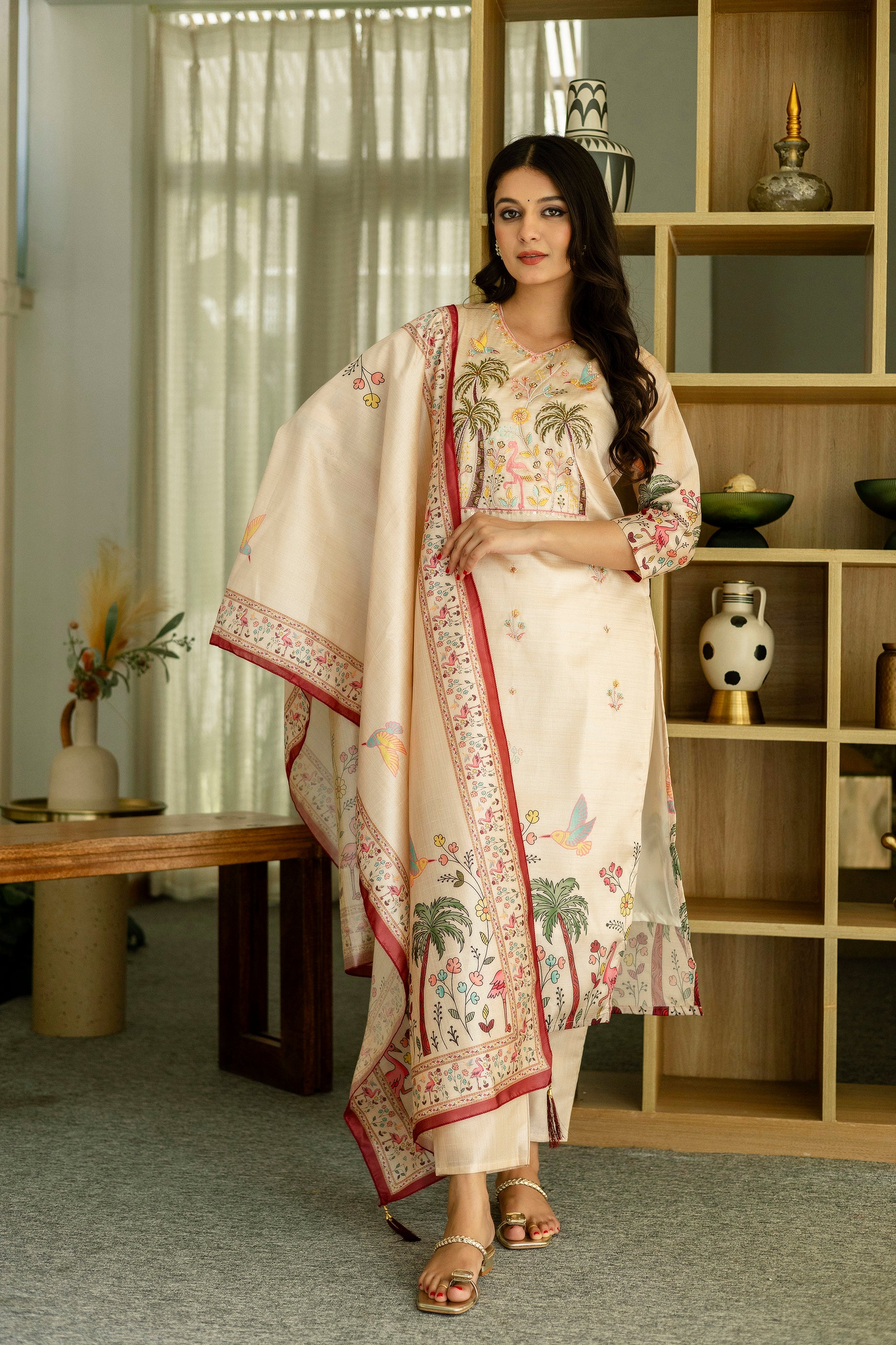 Women’s Cream Ethnic Viscose Assam Silk Kurta Set with Embroidery Work