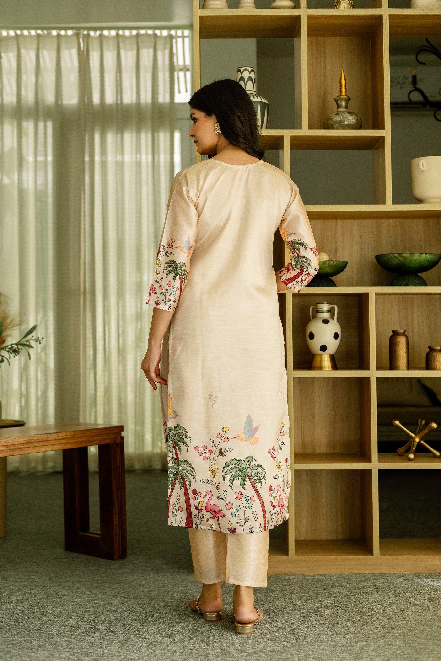 Women’s Cream Ethnic Viscose Assam Silk Kurta Set with Embroidery Work