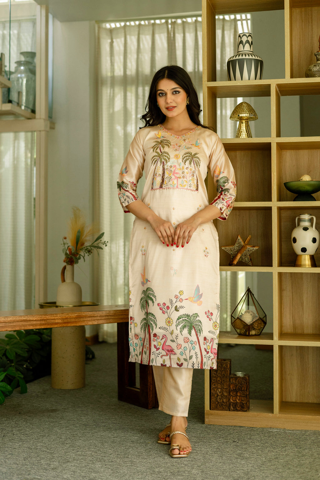 Women’s Cream Ethnic Viscose Assam Silk Kurta Set with Embroidery Work