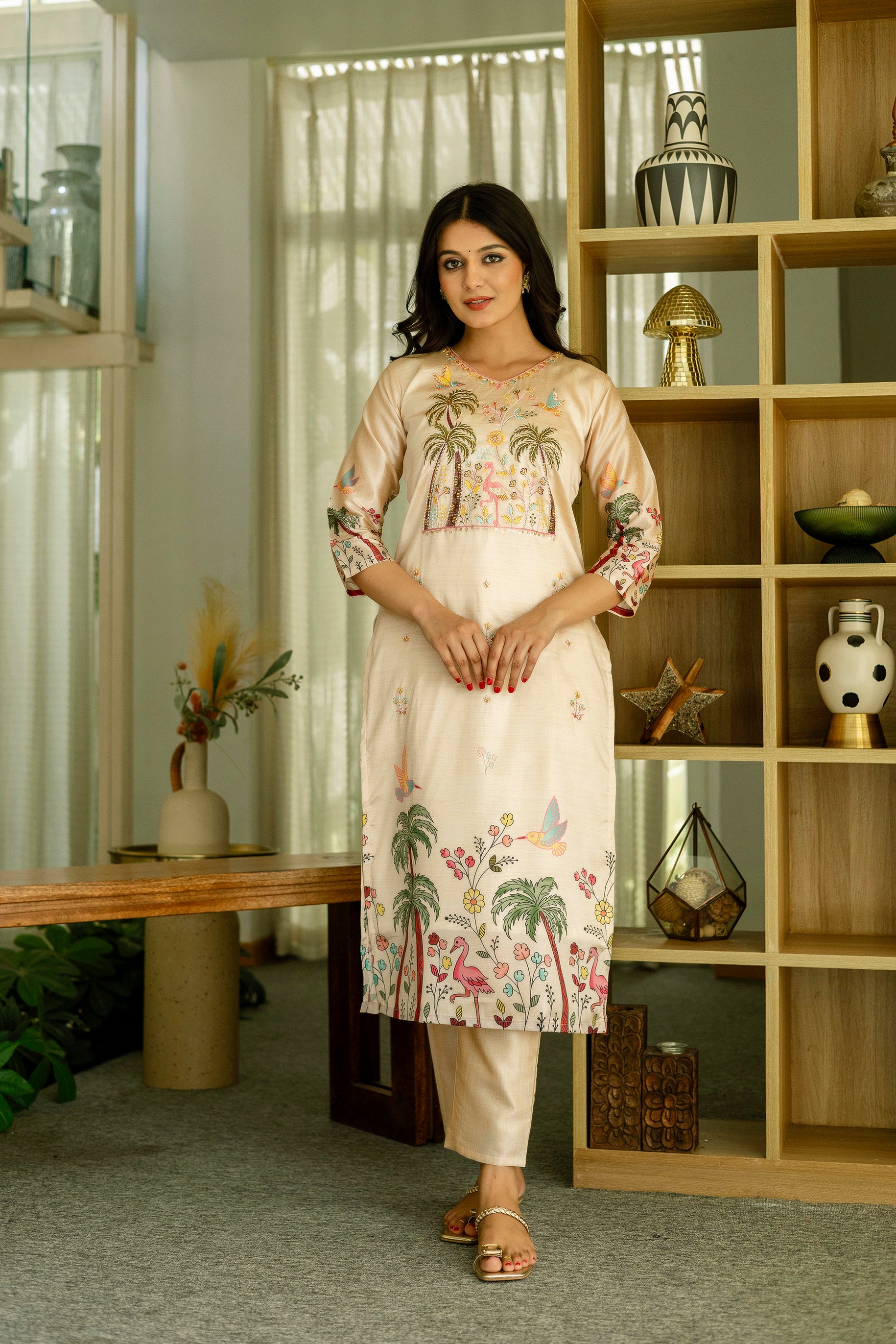 Women’s Cream Ethnic Viscose Assam Silk Kurta Set with Embroidery Work