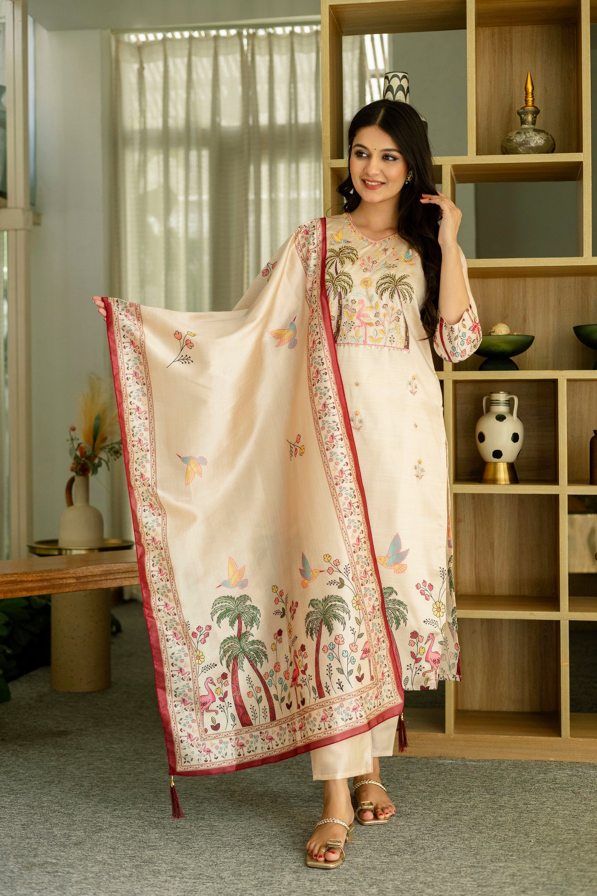 Women’s Cream Ethnic Viscose Assam Silk Kurta Set with Embroidery Work