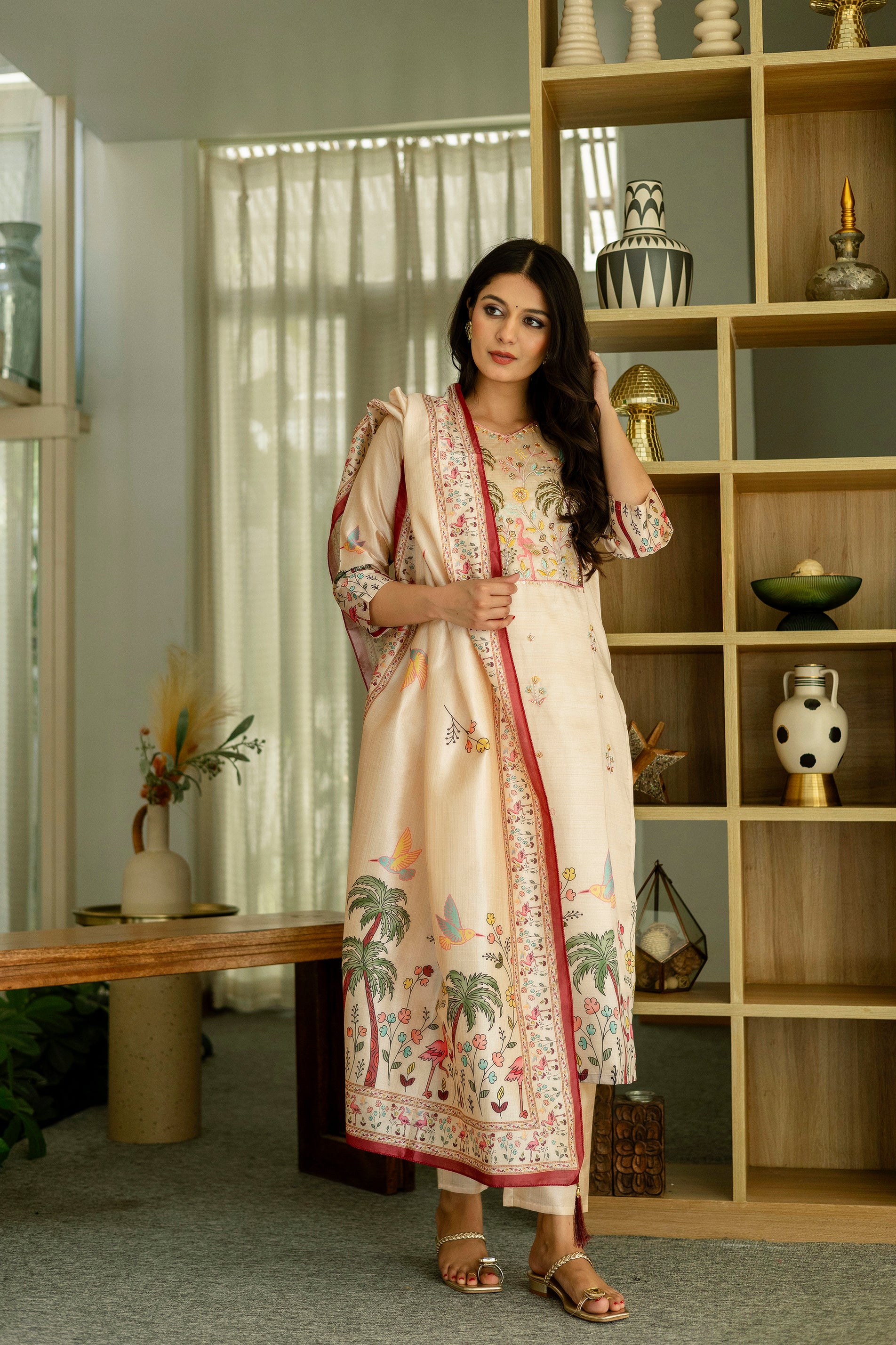 Women’s Cream Ethnic Viscose Assam Silk Kurta Set with Embroidery Work