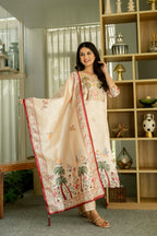 Women’s Cream Ethnic Viscose Assam Silk Kurta Set with Embroidery Work