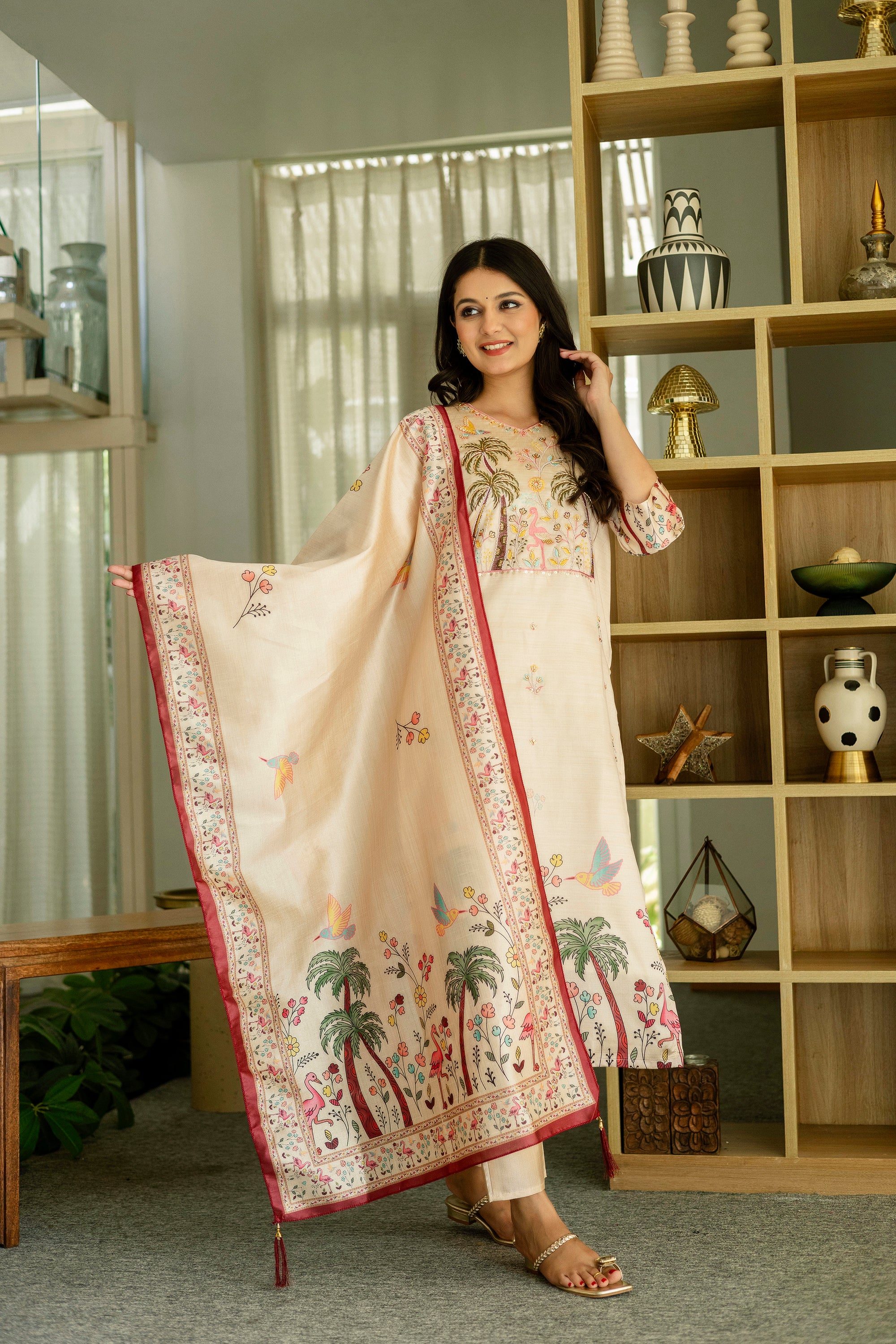Women’s Cream Ethnic Viscose Assam Silk Kurta Set with Embroidery Work