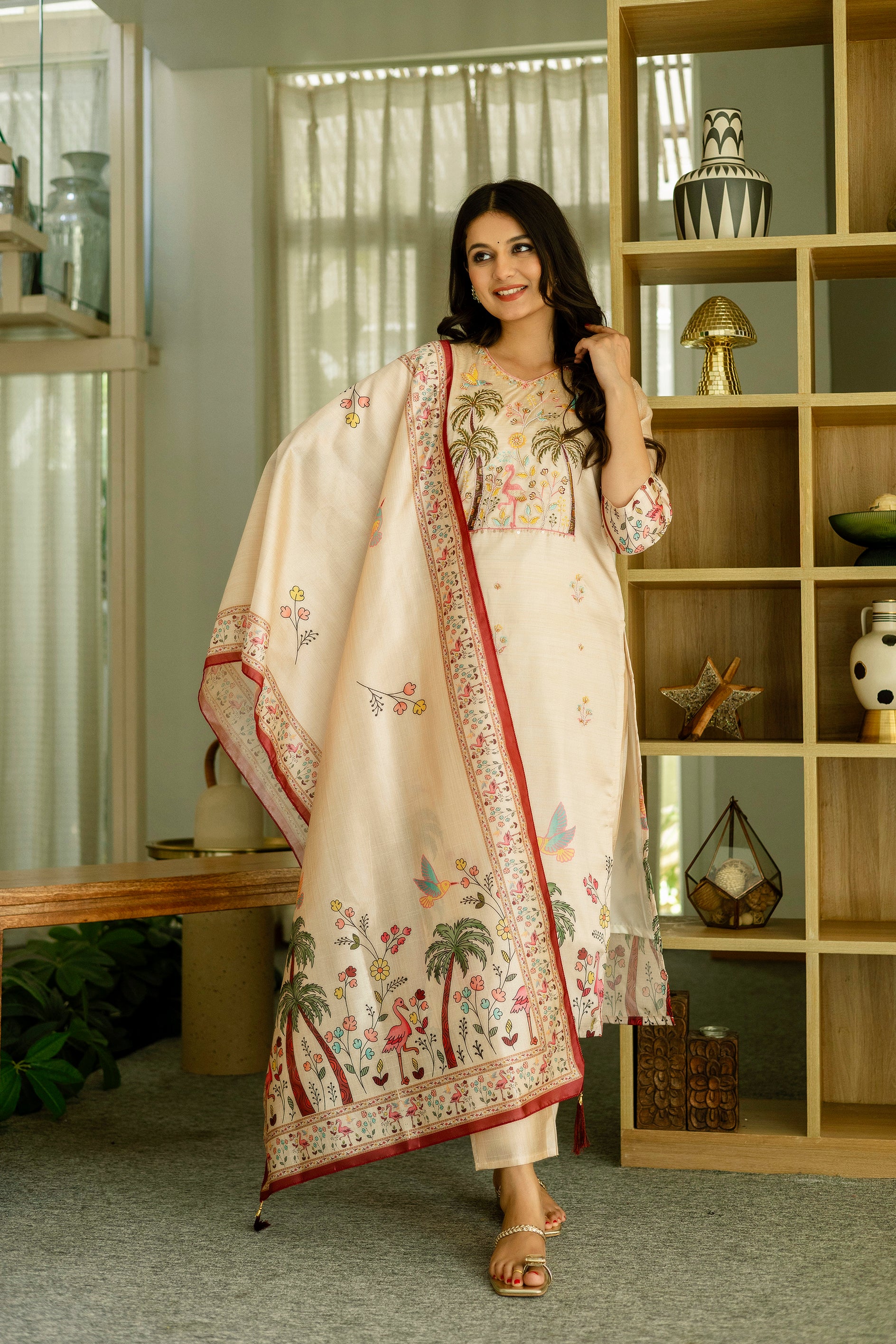 Women’s Cream Ethnic Viscose Assam Silk Kurta Set with Embroidery Work