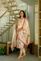 Women’s Cream Ethnic Viscose Assam Silk Kurta Set with Embroidery Work