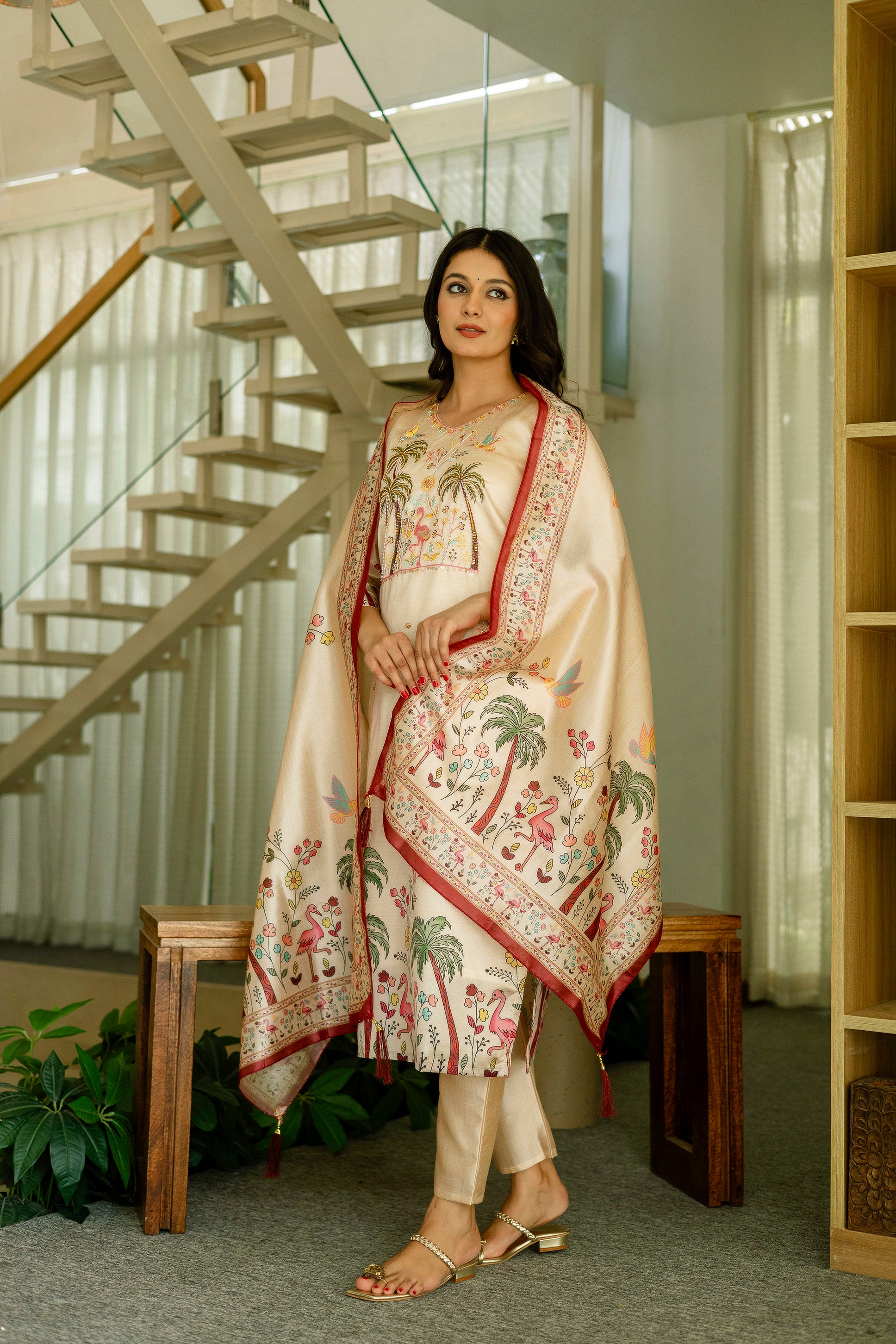 Women’s Cream Ethnic Viscose Assam Silk Kurta Set with Embroidery Work
