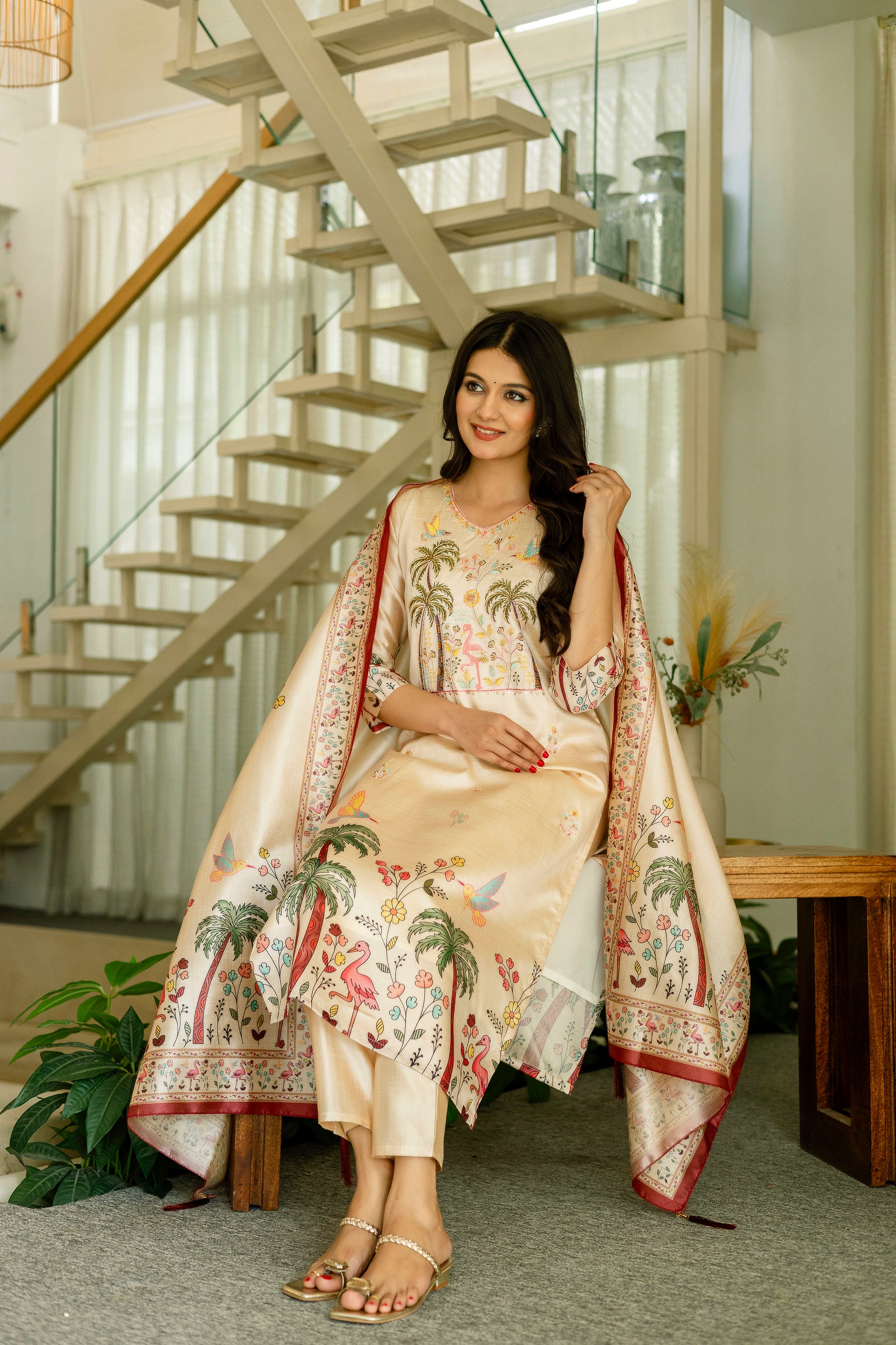 Women’s Cream Ethnic Viscose Assam Silk Kurta Set with Embroidery Work