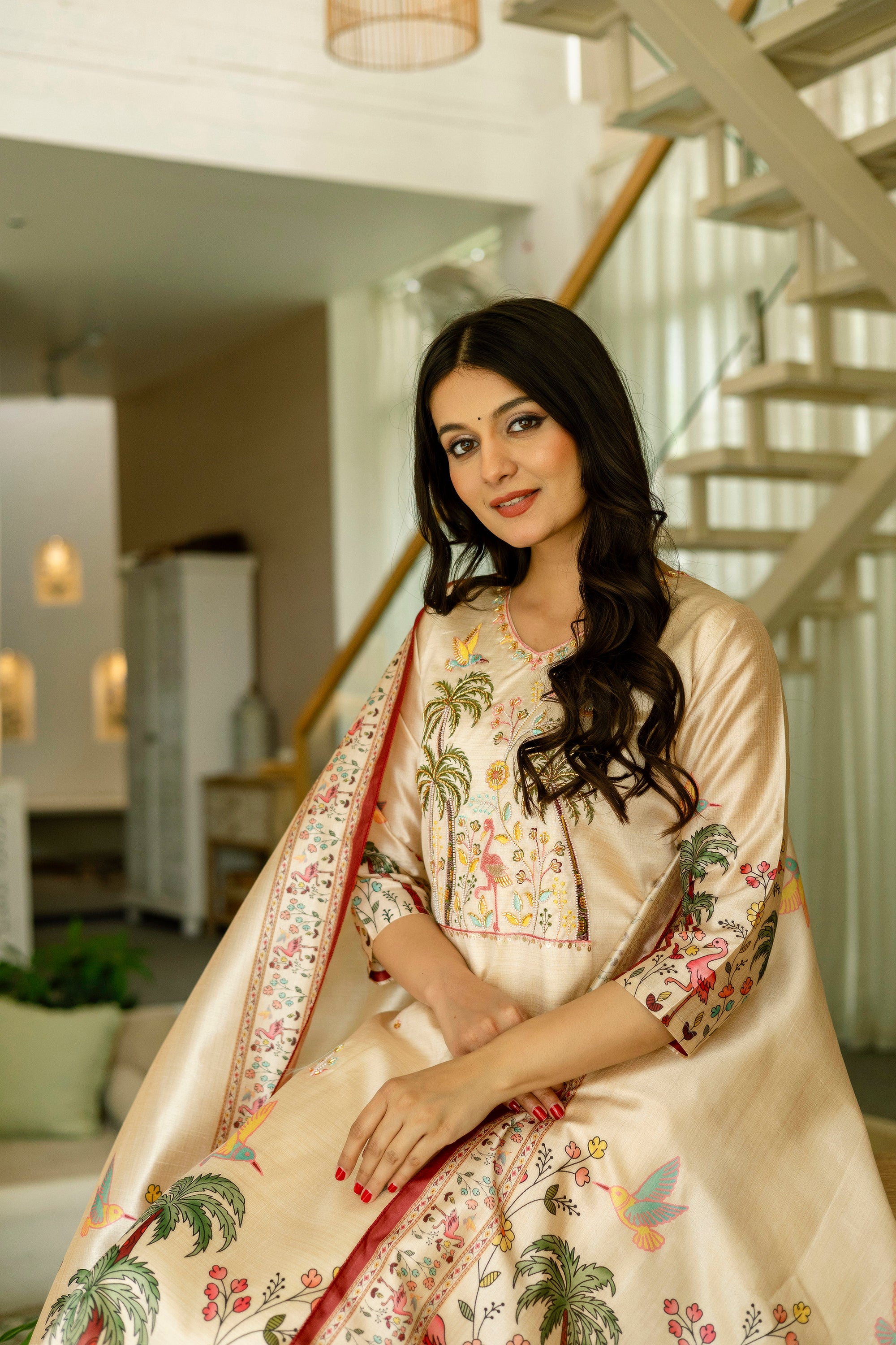 Women’s Cream Ethnic Viscose Assam Silk Kurta Set with Embroidery Work