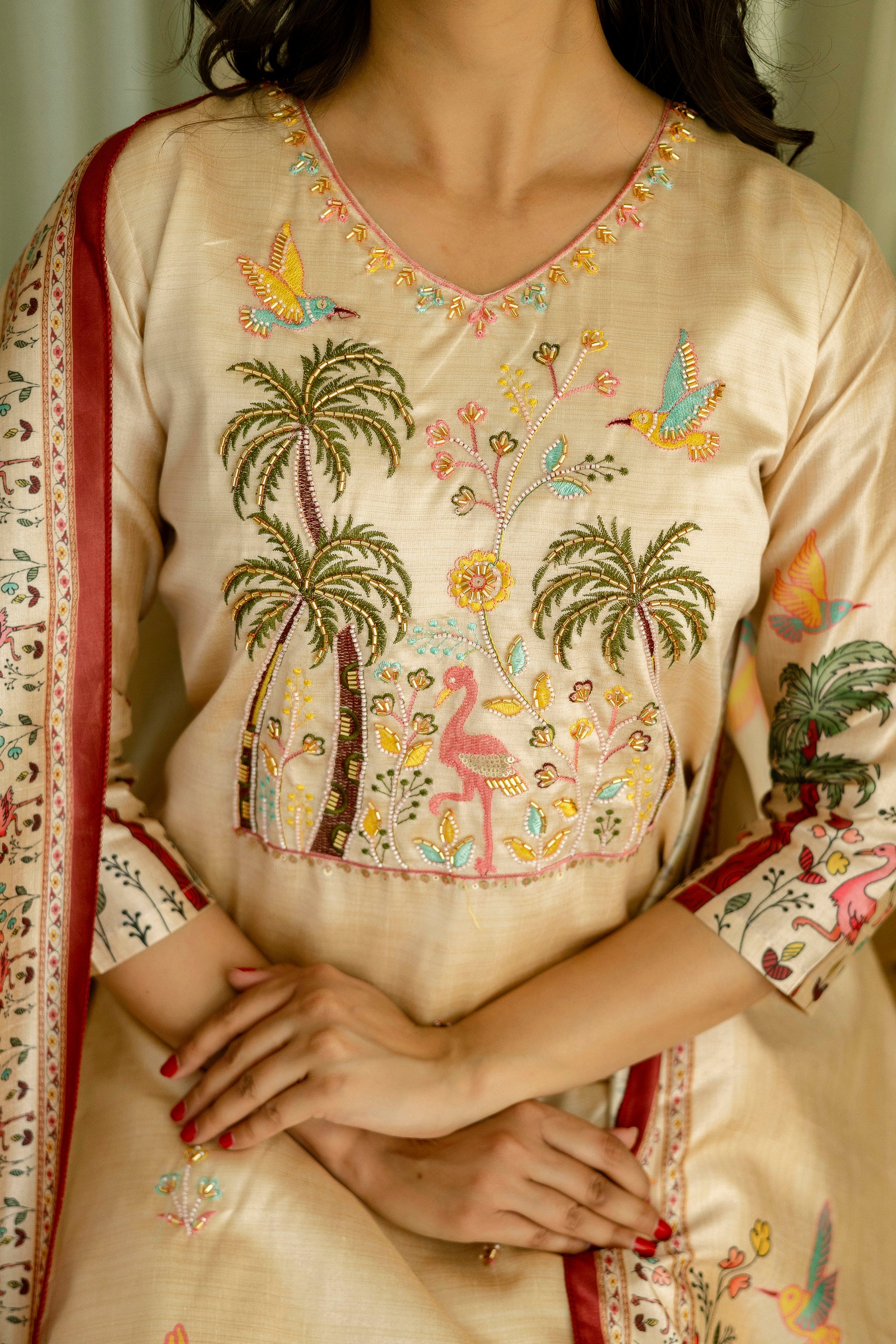 Women’s Cream Ethnic Viscose Assam Silk Kurta Set with Embroidery Work