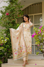 Women’s Cream Ethnic Viscose Assam Silk Kurta Set with Embroidery Work