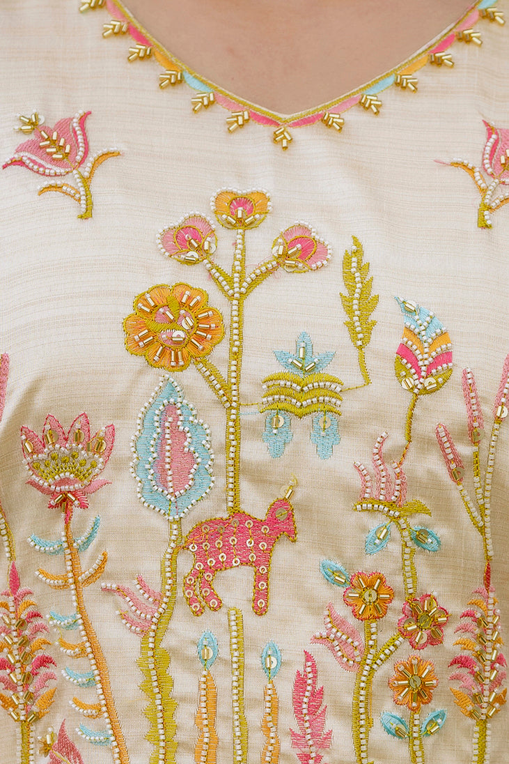 Women’s Cream Ethnic Viscose Assam Silk Kurta Set with Embroidery Work