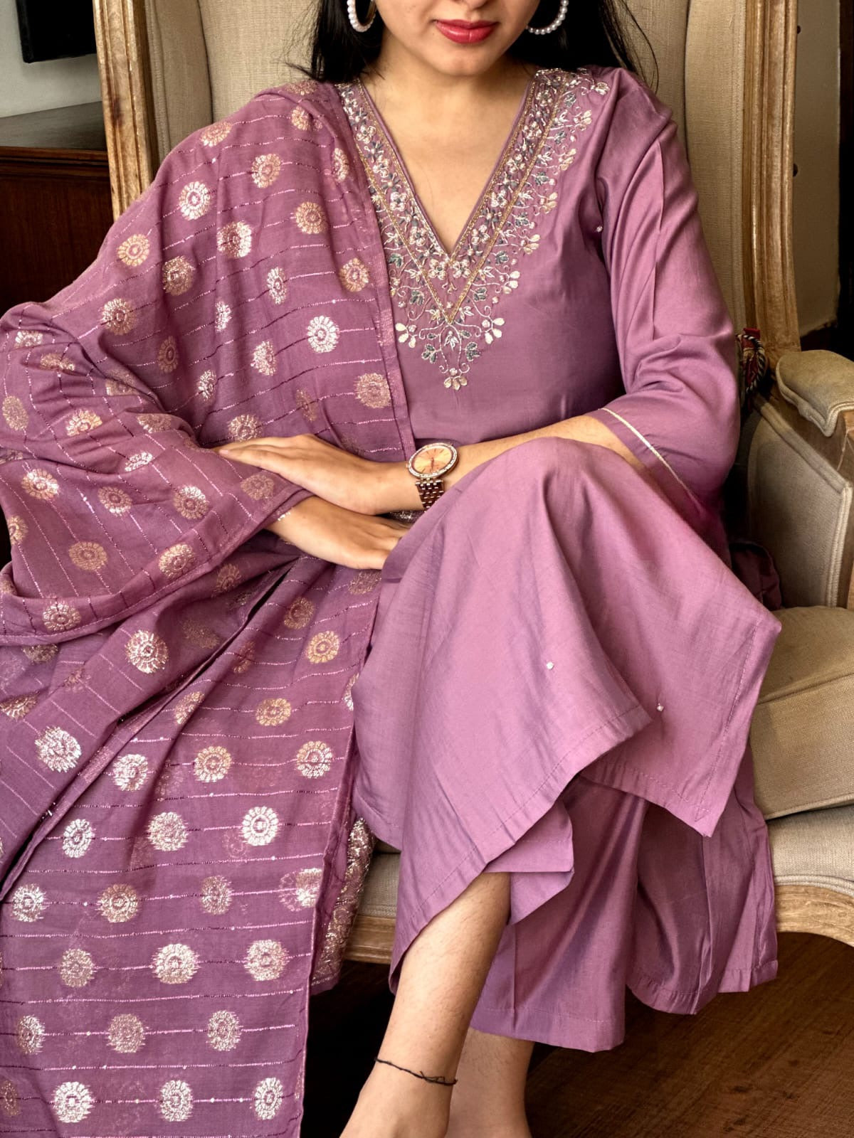 Women’s Lavender Viscose Chanderi Embroidered Top with Plain Bottom & Jacquard Dupatta