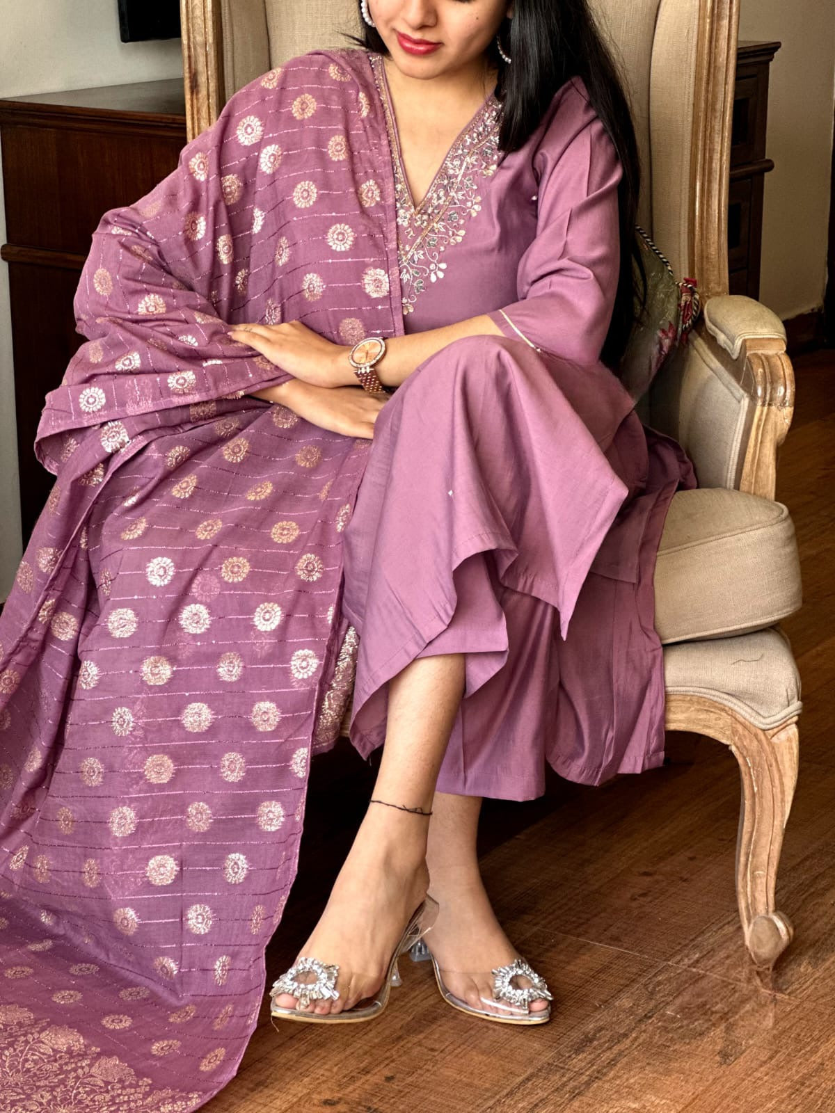 Women’s Lavender Viscose Chanderi Embroidered Top with Plain Bottom & Jacquard Dupatta