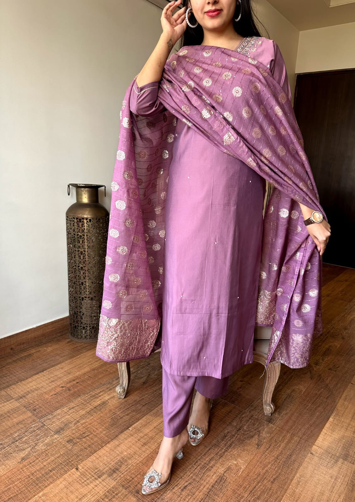 Women’s Lavender Viscose Chanderi Embroidered Top with Plain Bottom & Jacquard Dupatta