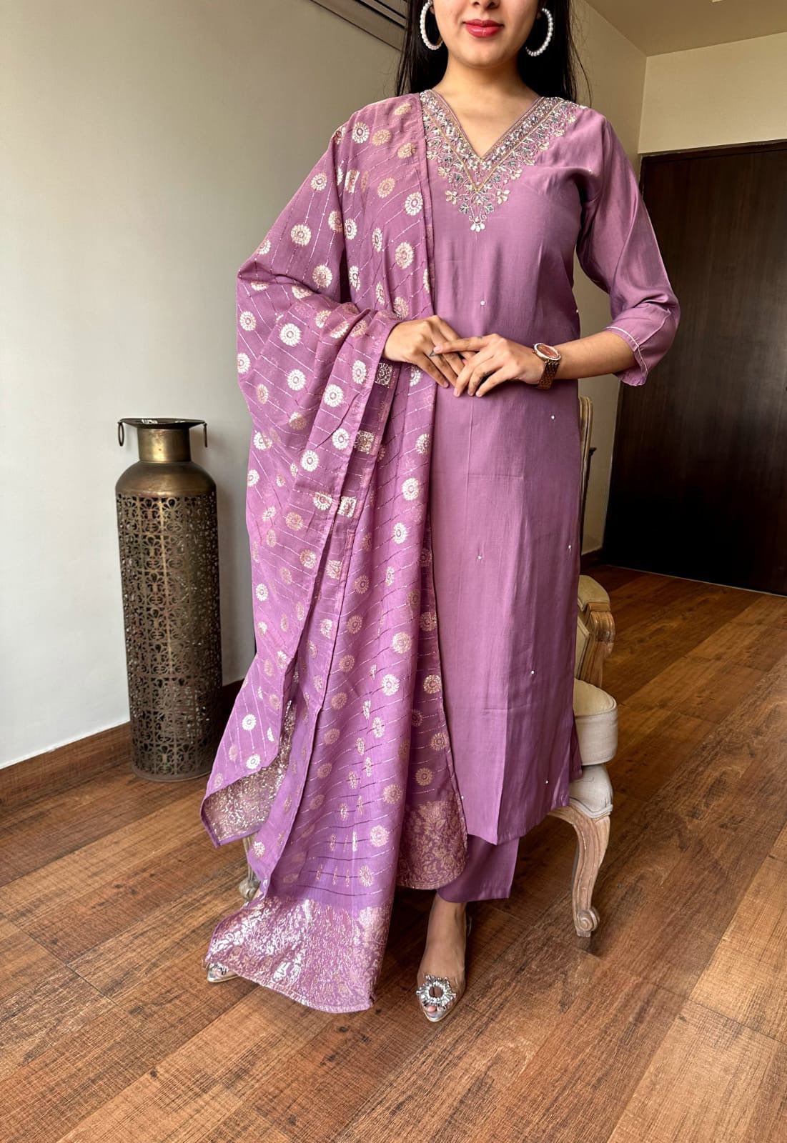 Women’s Lavender Viscose Chanderi Embroidered Top with Plain Bottom & Jacquard Dupatta