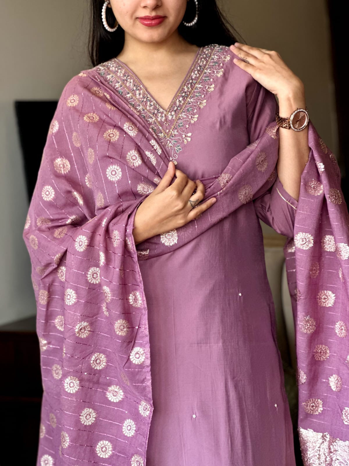 Women’s Lavender Viscose Chanderi Embroidered Top with Plain Bottom & Jacquard Dupatta