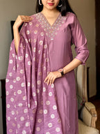 Women’s Lavender Viscose Chanderi Embroidered Top with Plain Bottom & Jacquard Dupatta