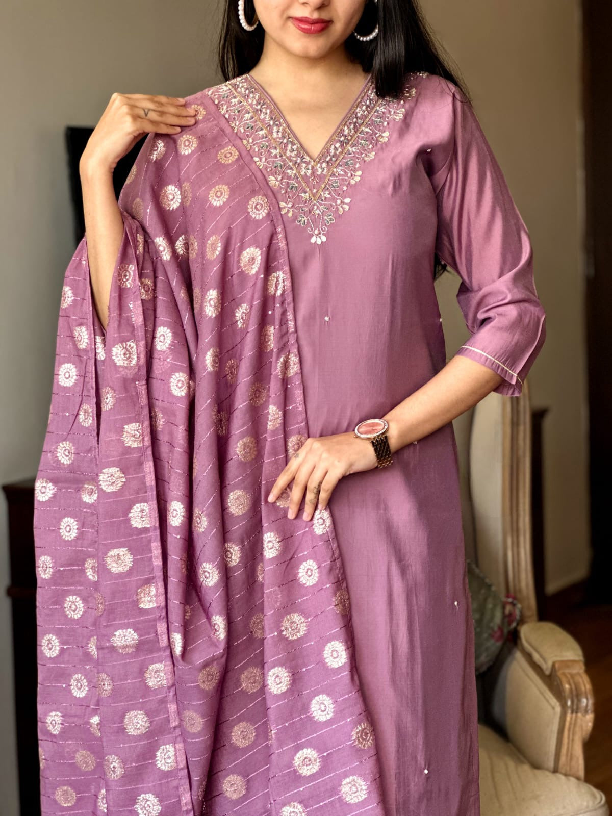 Women’s Lavender Viscose Chanderi Embroidered Top with Plain Bottom & Jacquard Dupatta