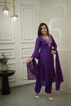 Women’s Purple Vichitra Silk Embroidered Top with Plain Bottom & Chanderi Dupatta