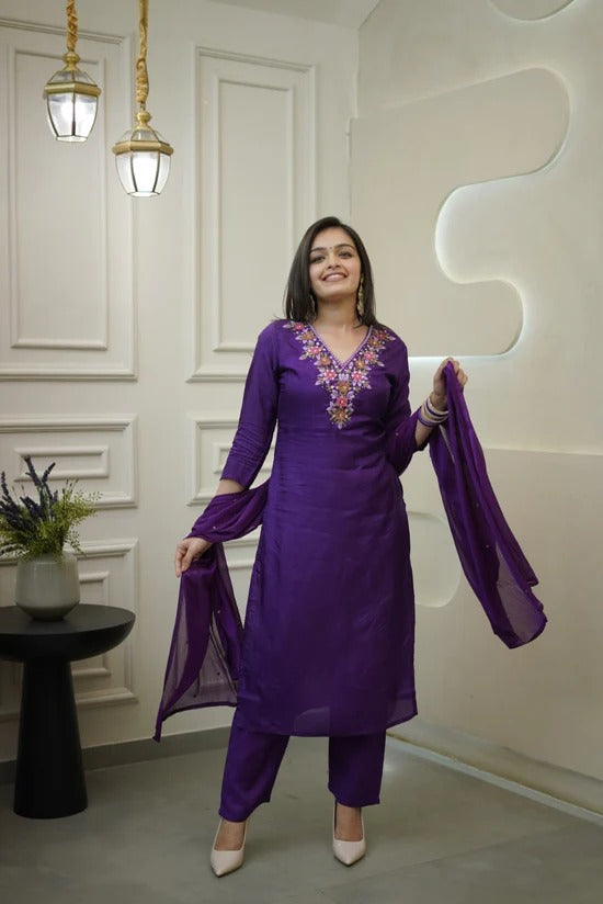 Women’s Purple Vichitra Silk Embroidered Top with Plain Bottom & Chanderi Dupatta