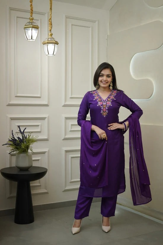 Women’s Purple Vichitra Silk Embroidered Top with Plain Bottom & Chanderi Dupatta