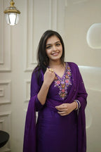 Women’s Purple Vichitra Silk Embroidered Top with Plain Bottom & Chanderi Dupatta