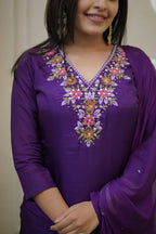 Women’s Purple Vichitra Silk Embroidered Top with Plain Bottom & Chanderi Dupatta