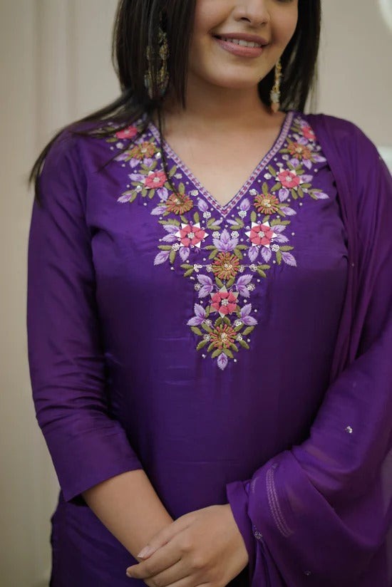 Women’s Purple Vichitra Silk Embroidered Top with Plain Bottom & Chanderi Dupatta