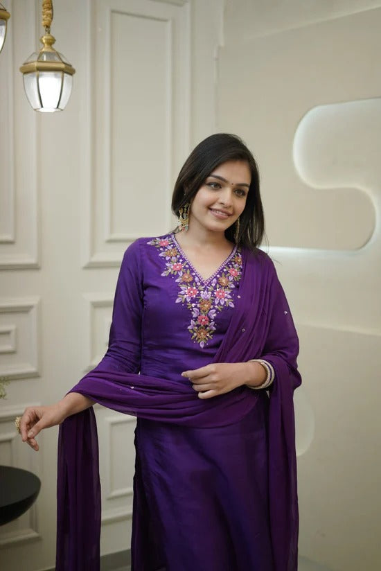 Women’s Purple Vichitra Silk Embroidered Top with Plain Bottom & Chanderi Dupatta