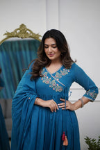 Women’s Blue Silk Blend Embroidered Kurta Set with Bottom & Chanderi Dupatta