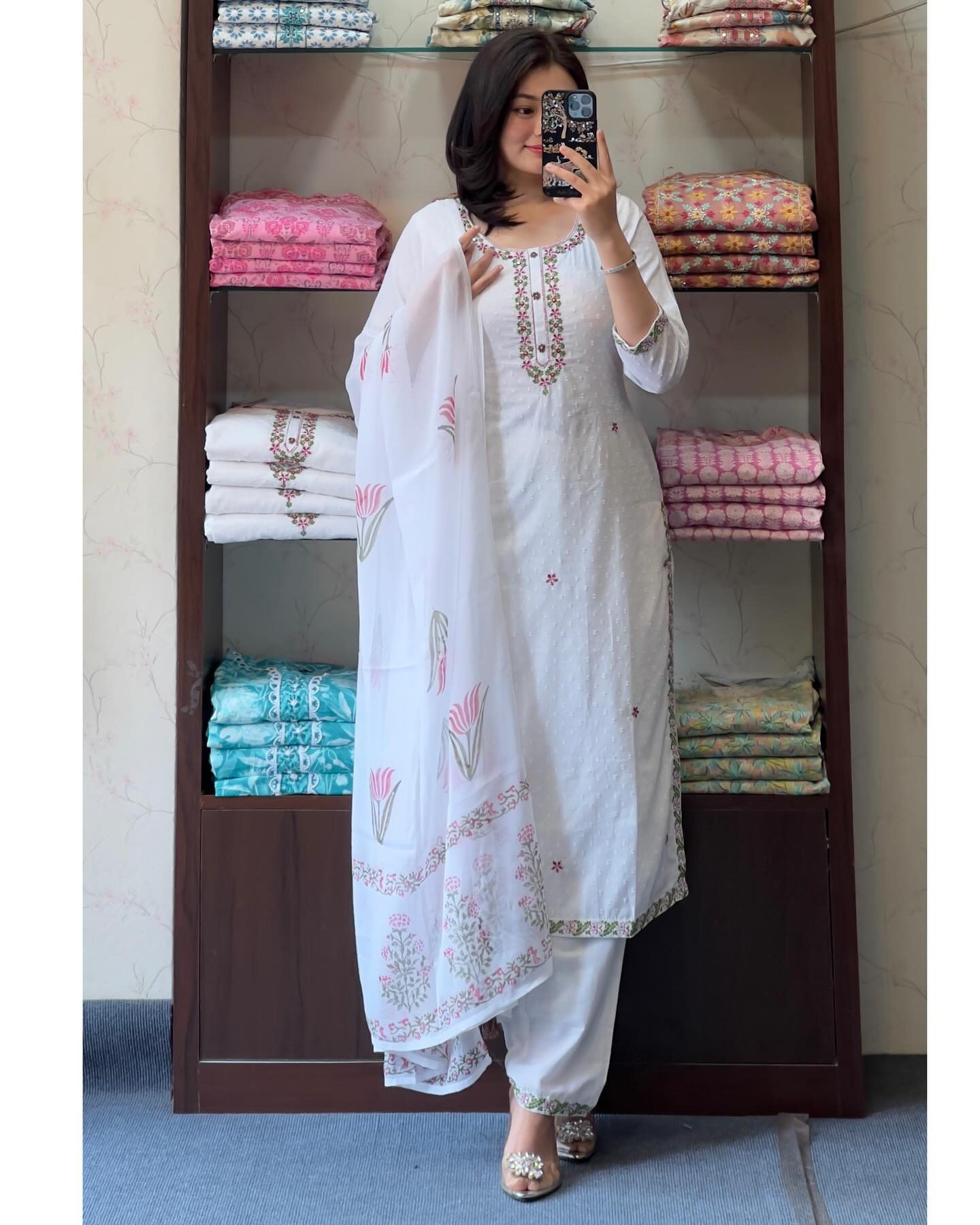 Women’s White Festive Georgette Embroidered Butti Suit Set