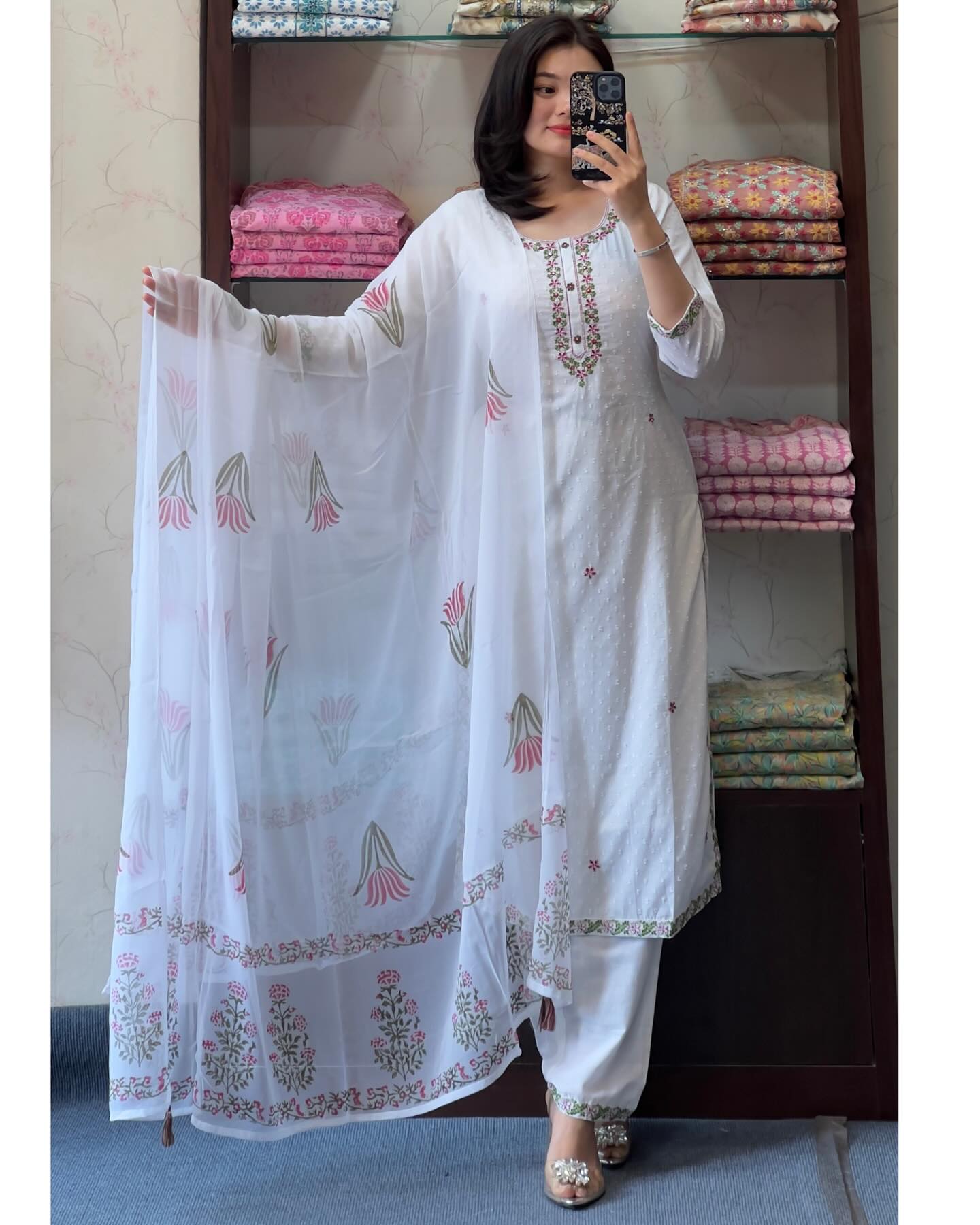Women’s White Festive Georgette Embroidered Butti Suit Set